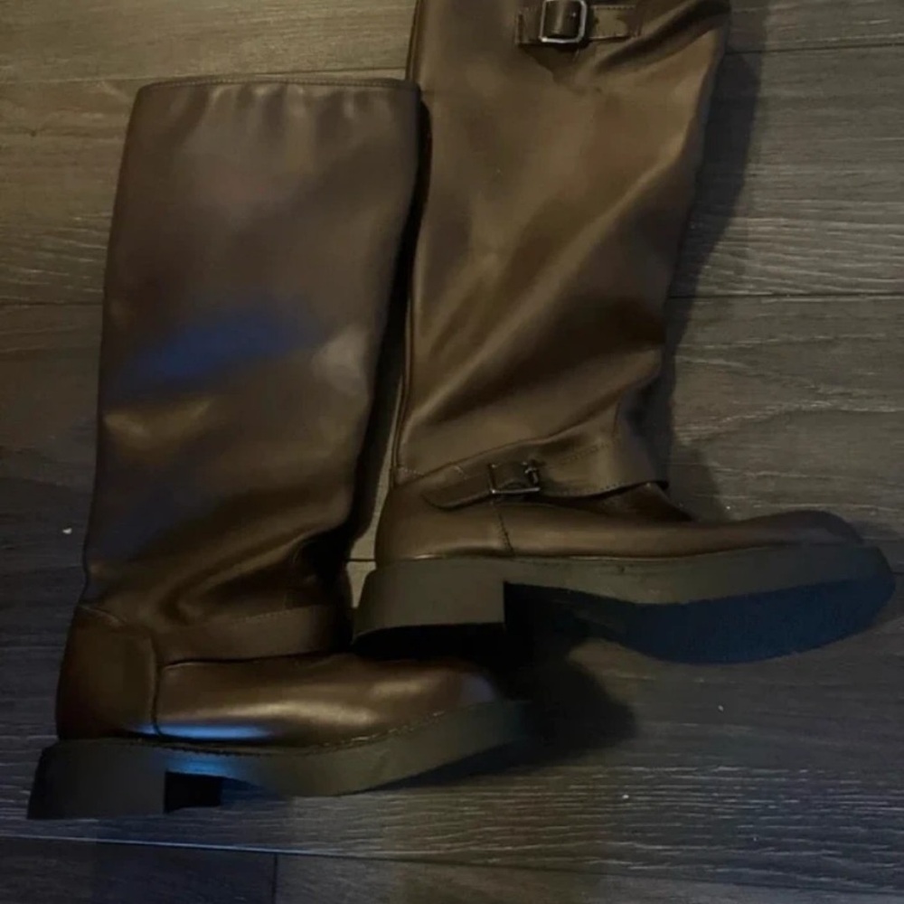 Tall Dark Brown Leather Buckle Boots